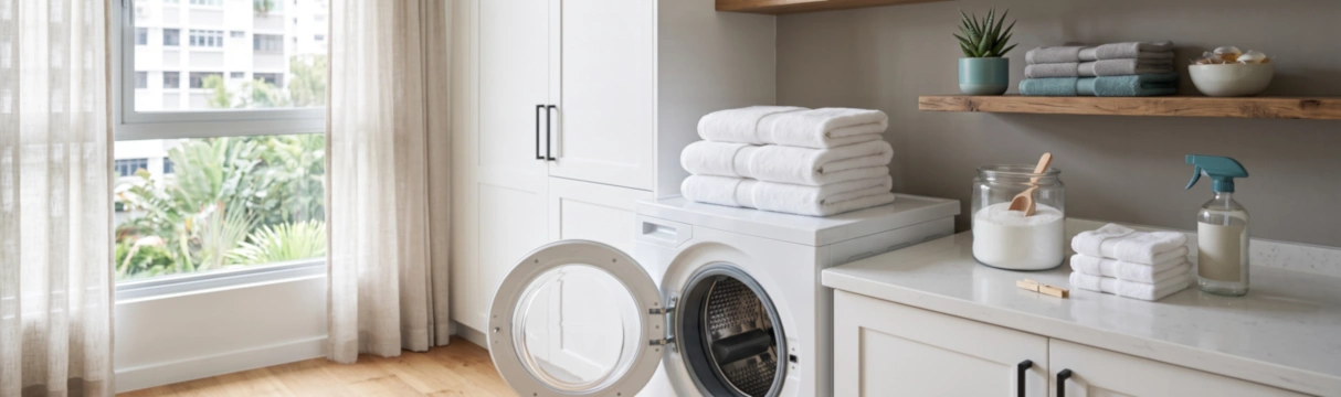 Baking soda in laundry: a scoop of white powder beside a front-load washer and folded white towels