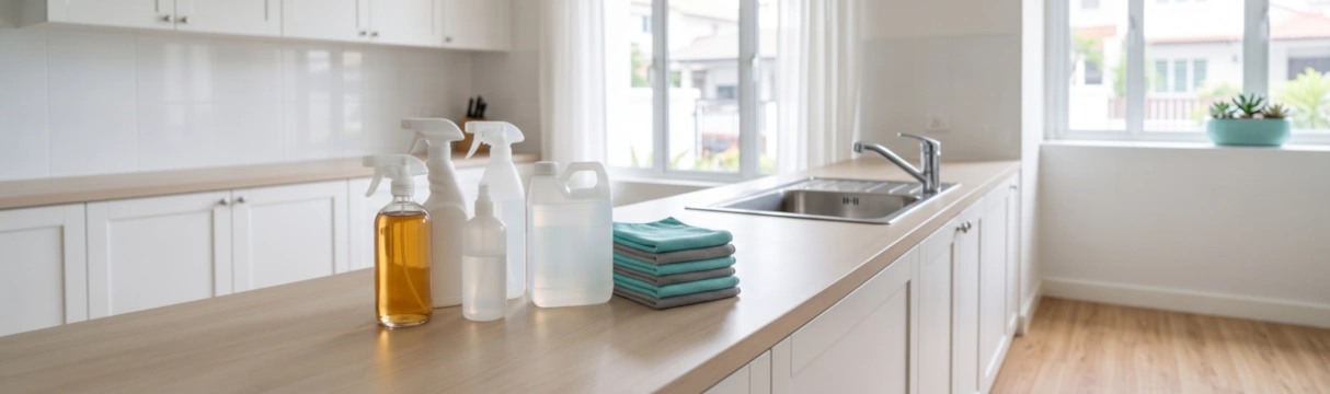 Best all purpose cleaner spray bottles and microfiber cloths on a rental apartment kitchen counter