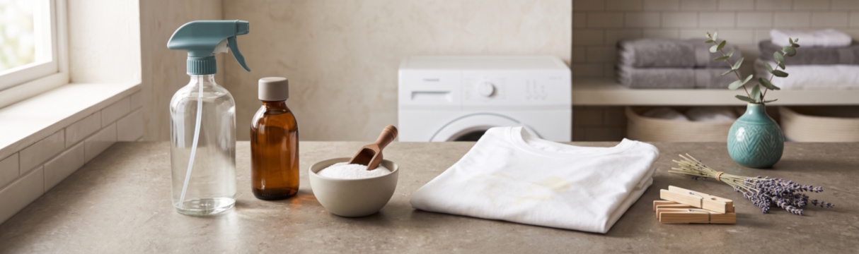 Bottles of the best stain remover for old set-in stains lined up on a laundry counter