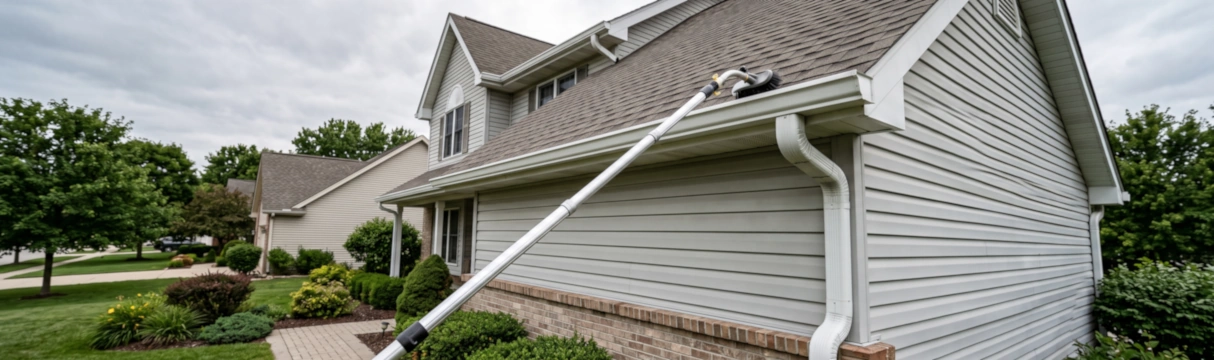Gutter cleaning tools from the ground being used on a two-story home's roofline